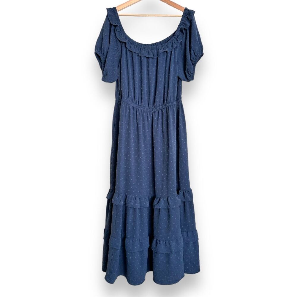 Lane Bryant Navy Blue Swiss Dot Puff Sleeve Tiered Peasant Maxi Dress Women's 20